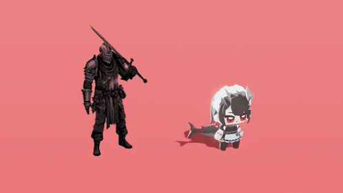 a knight with a sword standing next to a maid with a sword