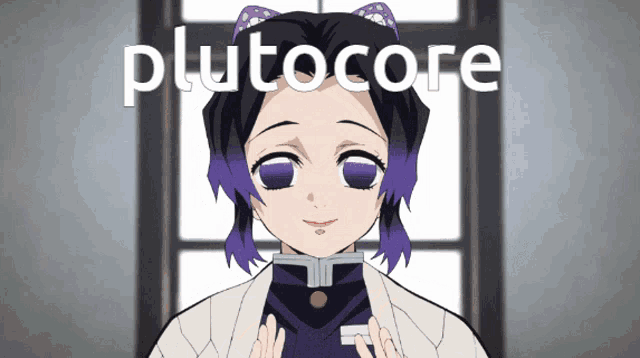 a cartoon girl with purple eyes and the word plutocore behind her