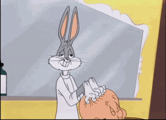 bugs bunny is holding a man 's head in his hands