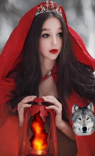 a woman in a red cape holding a lantern with a wolf behind her