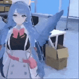 a 3d anime girl with blue hair is standing in a room with boxes and chairs .