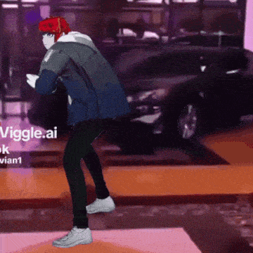 a cartoon character is standing in front of a car and a sign that says viggle ai