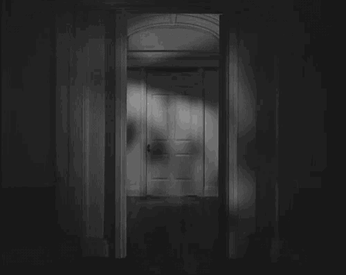 a dark hallway with a door that is open