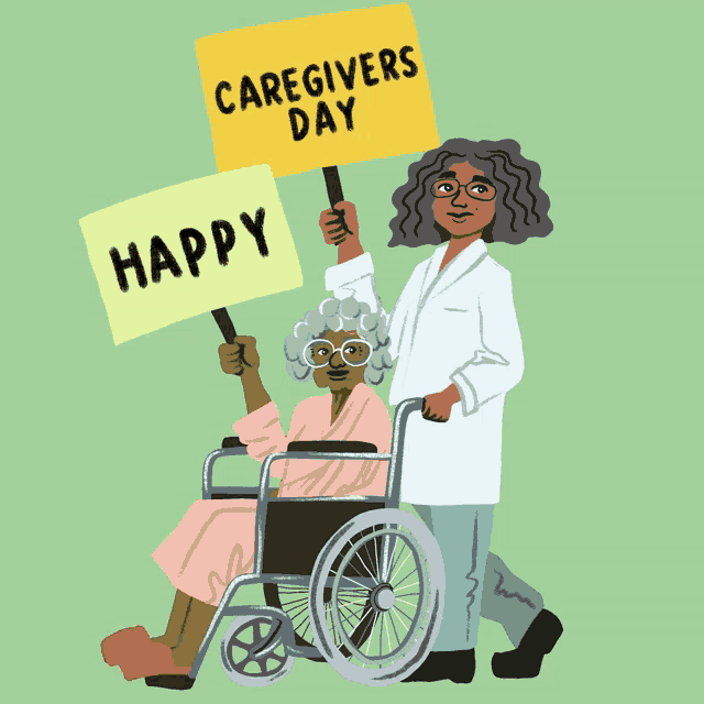 a woman pushing an elderly woman in a wheelchair is holding a sign that says happy caregivers day