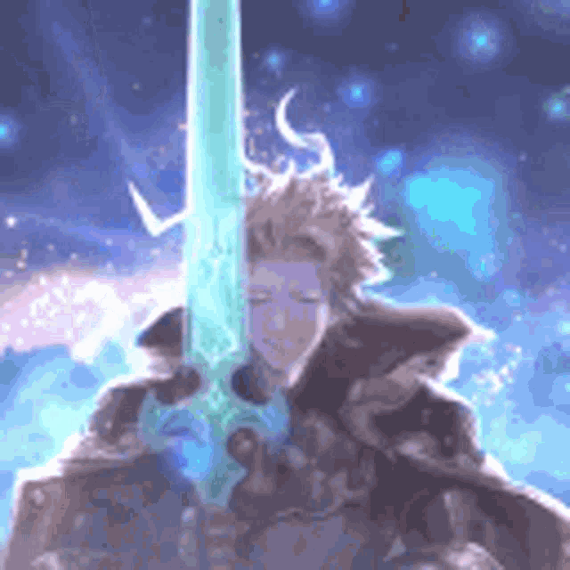 a man is holding a sword in his hand in front of a starry sky .