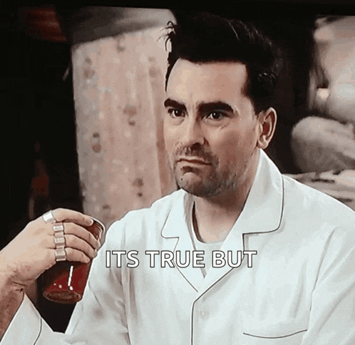 a man in pajamas is holding a cup of tea with the words " it 's true but " above him