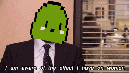 a man in a suit and tie says " i am aware of the effect i have on women " in front of a pixelated head