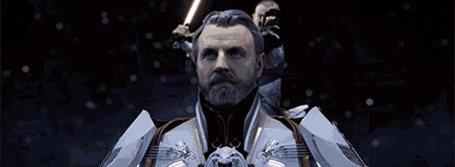 a man with a beard is holding a light saber in his hand