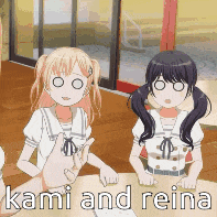 two anime girls sitting at a table with the words kami and reina