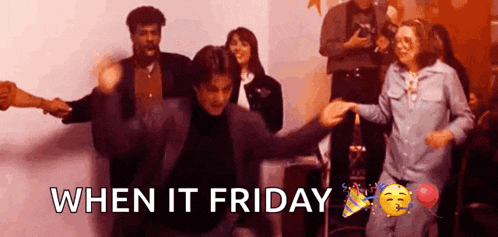 a group of people are dancing in a room with the words `` when it friday '' in the corner .