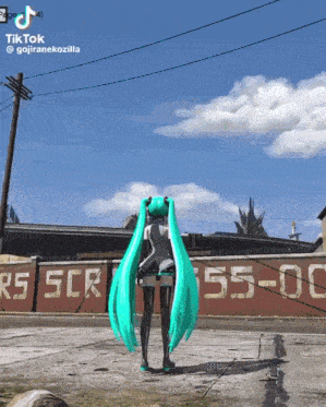 a girl with green hair is standing in front of a wall that says rs scr 55-00