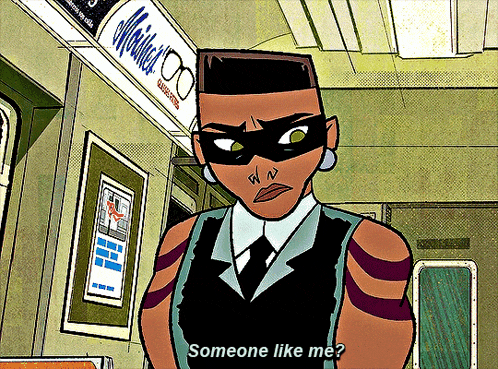a cartoon character says " someone like me " in front of a sign