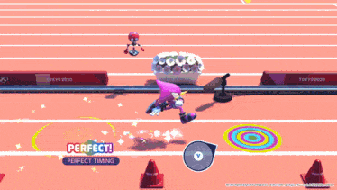 a video game is being played on a track with a blue circle with the letter v on it