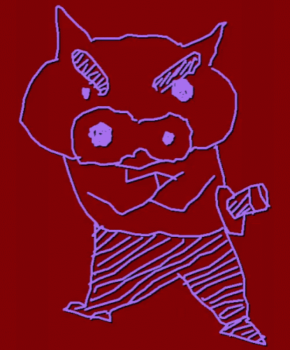 a drawing of a cartoon character with a purple outline and a red background