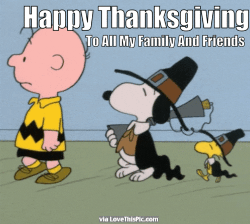 a cartoon of charlie brown and snoopy wishing everyone a happy thanksgiving