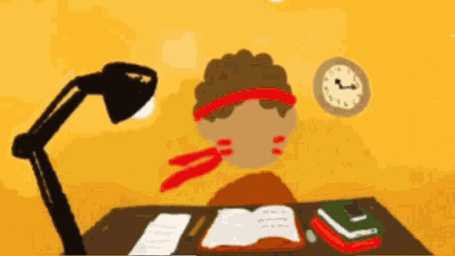 a cartoon of a person sitting at a desk with a lamp and books