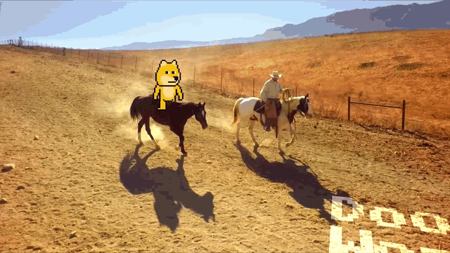 a doge riding a horse with a cowboy on the back