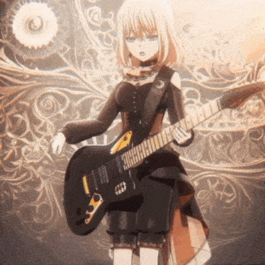 a girl in a black dress is playing a black guitar