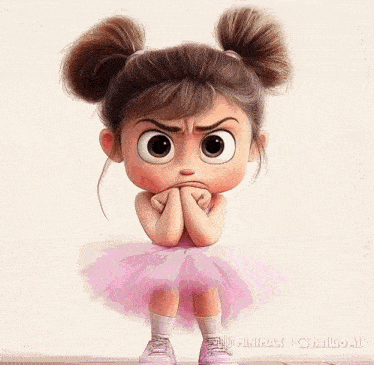 a cartoon girl in a pink tutu looks angry