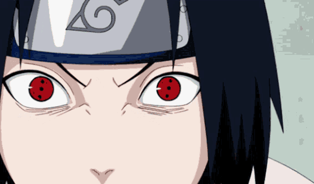 a close up of a person 's face with red eyes and the letter g on their headband