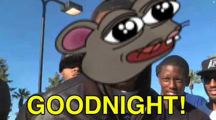 a group of men are standing in front of a cartoon mouse that says goodnight .