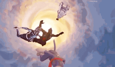 a person is falling through the air in a video game while holding a gun .
