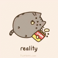 a cartoon of a cat eating a bag of chips with the word reality below it