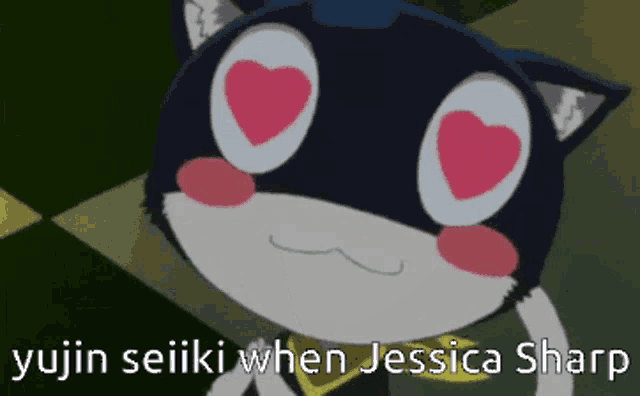 a cartoon cat with hearts in its eyes and the words yujin seiiki when jessica sharp below it
