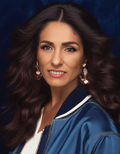 a woman wearing a blue jacket and gold earrings smiles