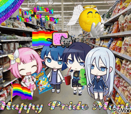 a group of anime characters are standing in a store with the words happy pride month