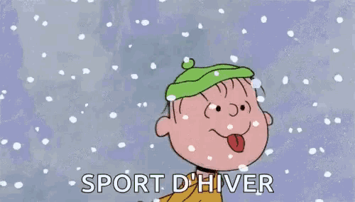 a cartoon character wearing a green hat is standing in the snow and says sport d' hiver .