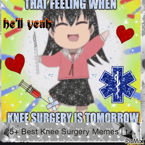 a knee surgery meme with a girl holding a knife and a medical symbol