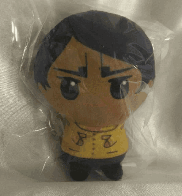 a stuffed toy in a plastic bag has the number 8 on it