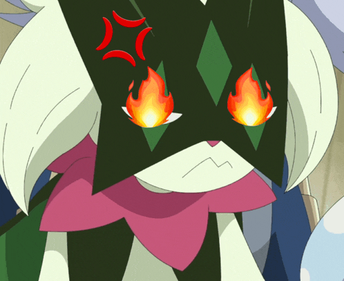 a cartoon drawing of a cat with flames coming out of his eyes