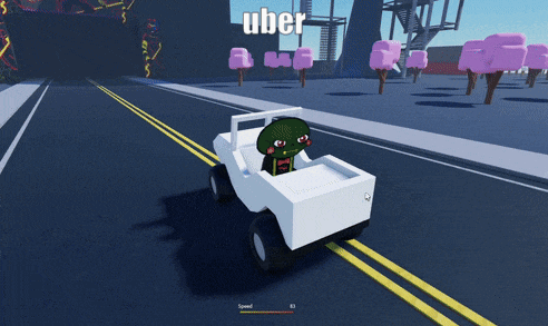 a cartoon character is driving a white jeep with the word uber on the top