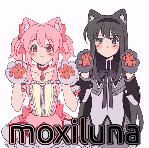 two anime girls are standing next to each other with the name moxiluna written below them