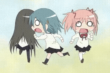 three anime girls are running in a field and one of them has a surprised look on her face