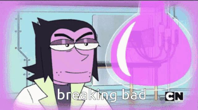 a cartoon character says breaking bad in front of a purple background