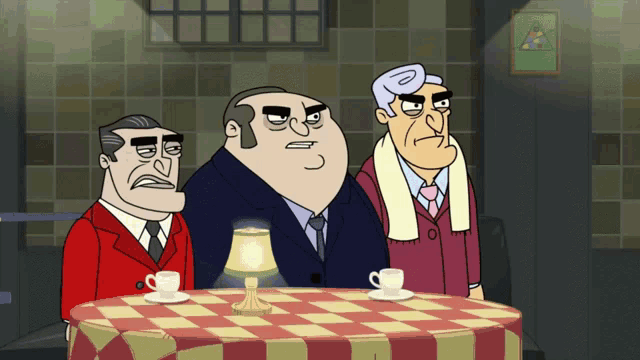 three cartoon men are sitting at a table with cups of coffee and a lamp