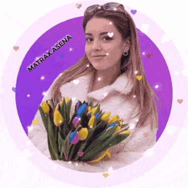 a picture of a woman holding a bouquet of flowers with matrax asena written above her
