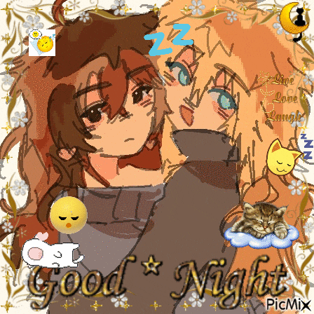 a drawing of a girl with a cat and the words good night picmix