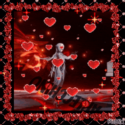 a picture of a ghost surrounded by red hearts with the words picmix on the bottom right