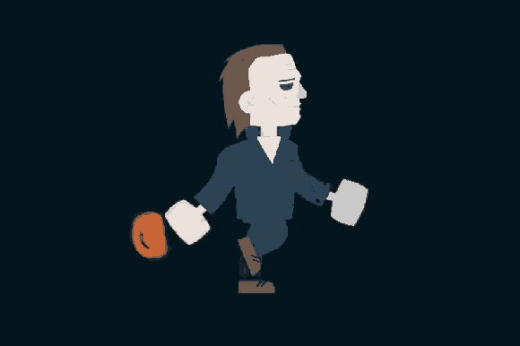 a cartoon of michael myers holding a pumpkin in his hand .