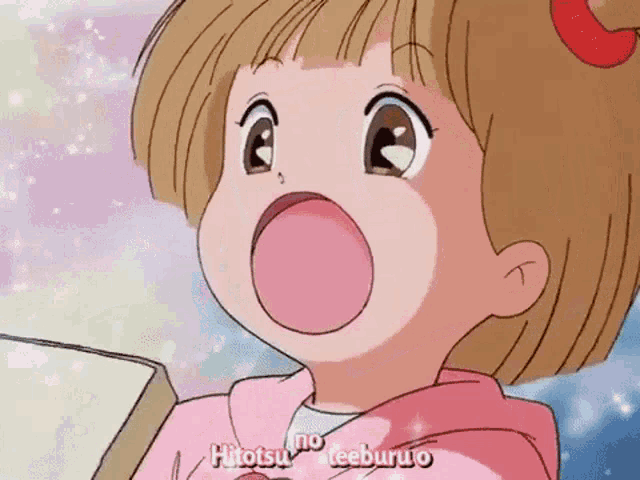 a girl in a pink hoodie is singing the song hitotsu teeburuo in a cartoon