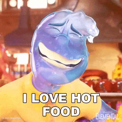 a cartoon character says " i love hot food "