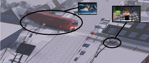 an aerial view of a snowy street with a red train and a man wearing sunglasses