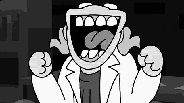 a black and white drawing of a cartoon character with a huge mouth