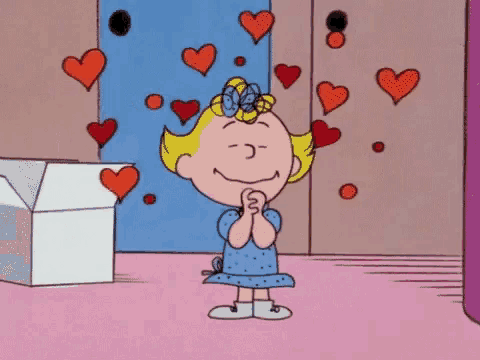 a cartoon of a girl with hearts around her