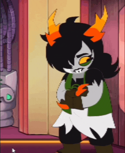 a cartoon character with horns is standing in front of a door .