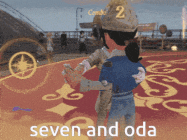 a cartoon of two people hugging with the words seven and oda written below them
